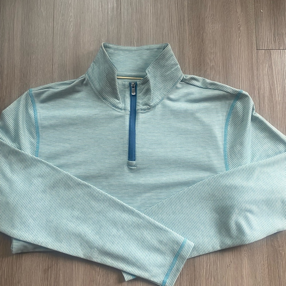 Men’s Faherty Movement 1/4 zip, feeder stripe teal stone, medium